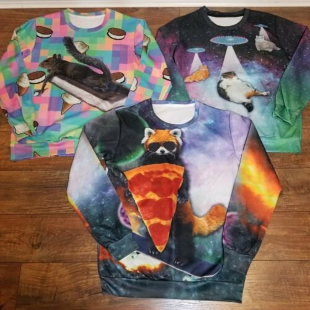 Lot of 3 Sz L Novelty Animal Sweatshirts Squirrel Raccoon Cats Funny NWOT